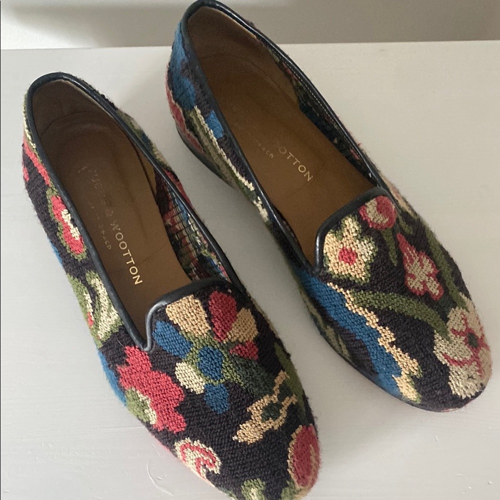 Stubbs & Wootton Red and Blue Floral Loafers. Size 8 1/2 used but good condition